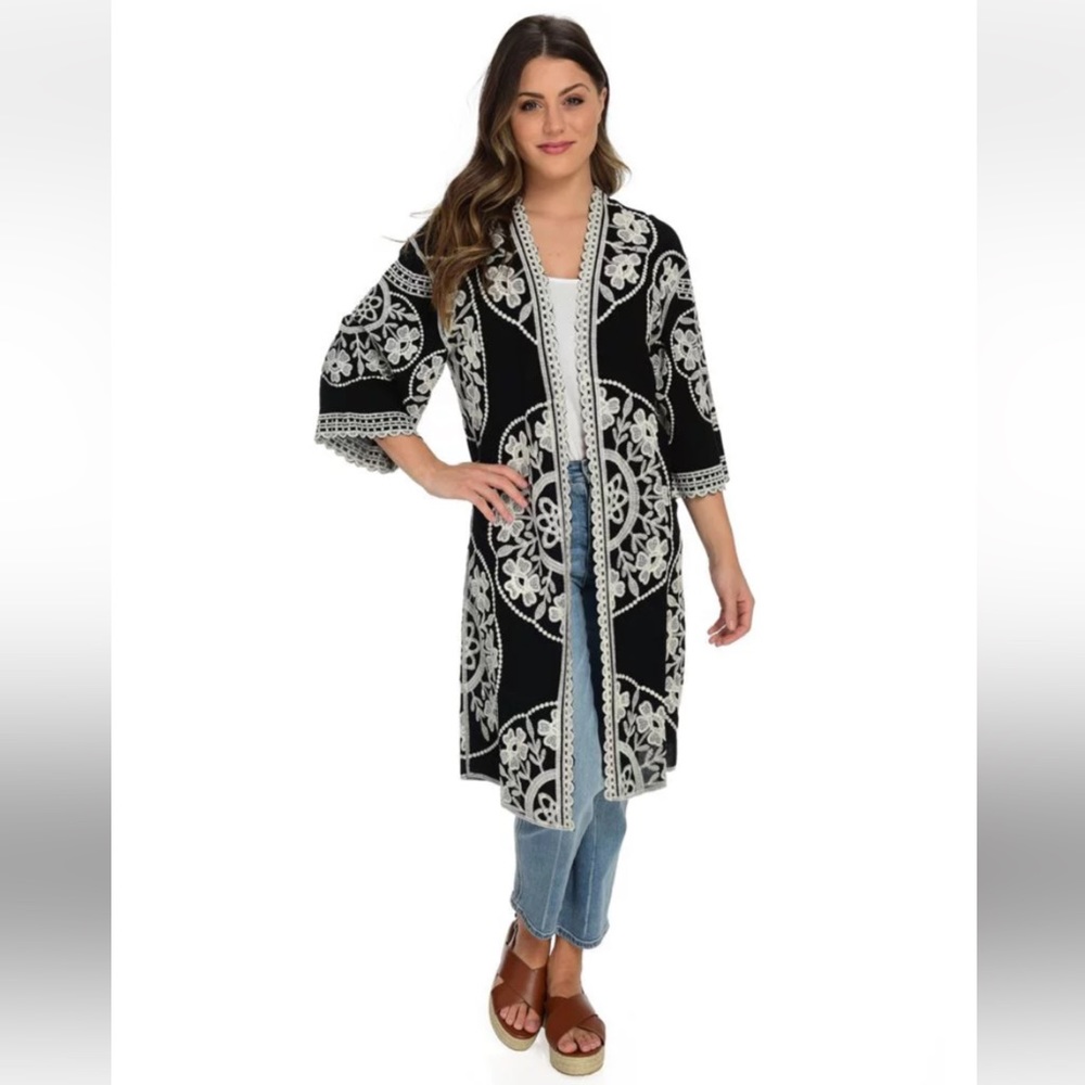 INDIGO THREAD CO Woven 3/4 Kimono Sleeve Floral Embroidered Open Front